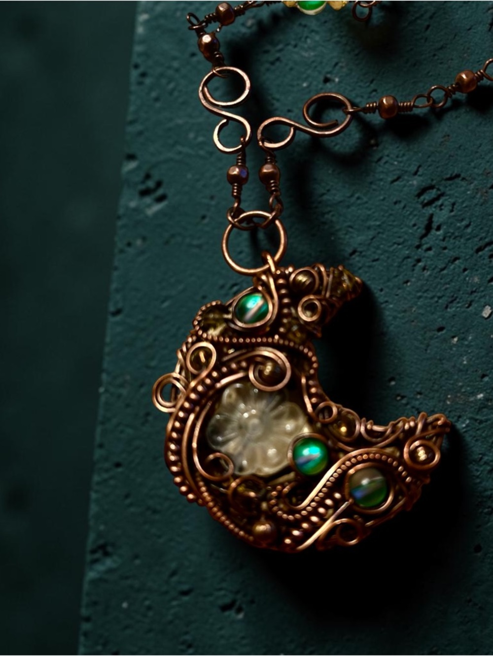 Copper Wire Crescent Pendant Necklace with clear and green fluorite beads